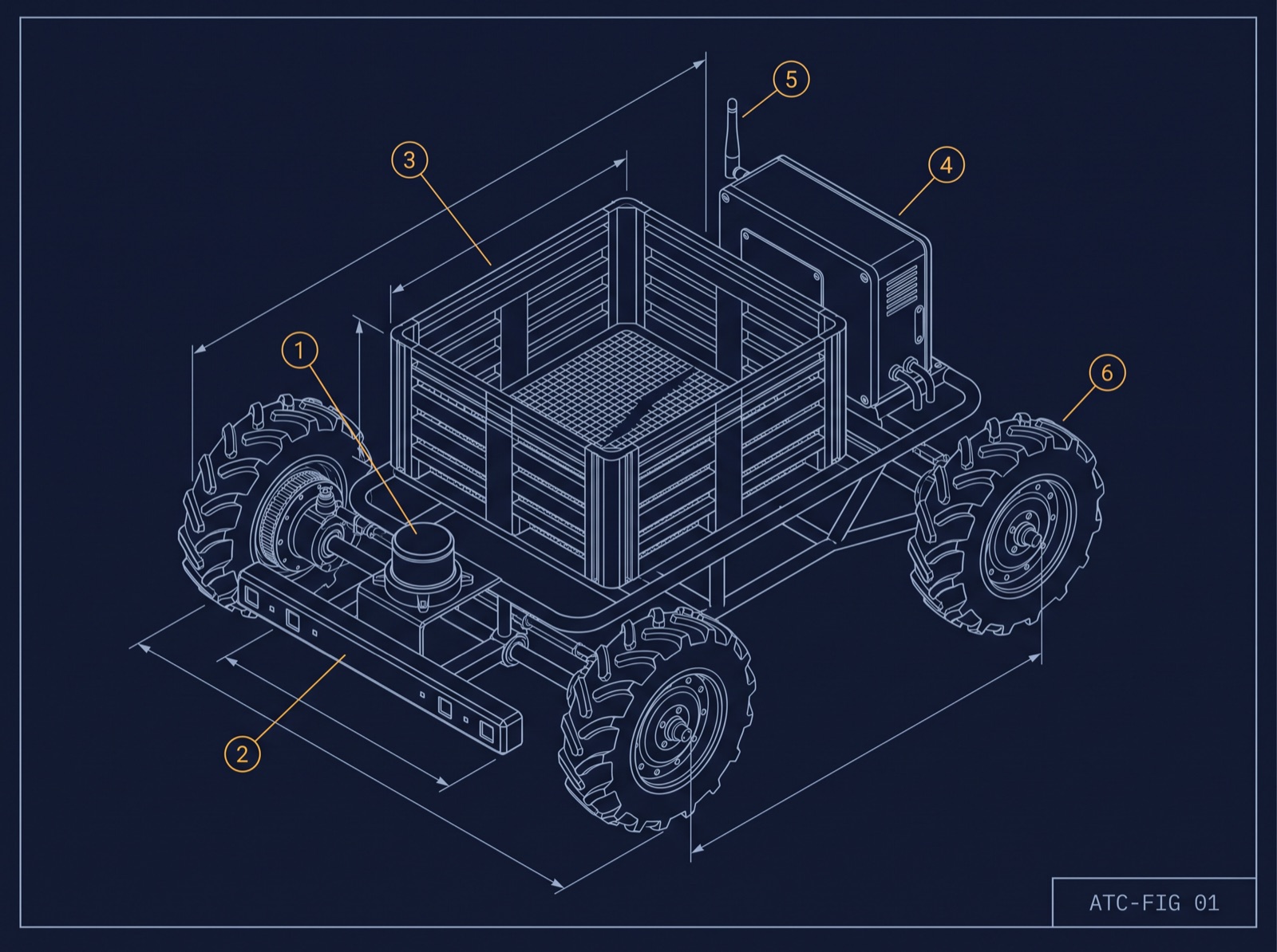 Engineering drawing of a four-wheeled agricultural cart robot carrying a harvest crate, with numbered callouts for its lidar, sensor bar, crate, compute enclosure, antenna, and hub motor.
