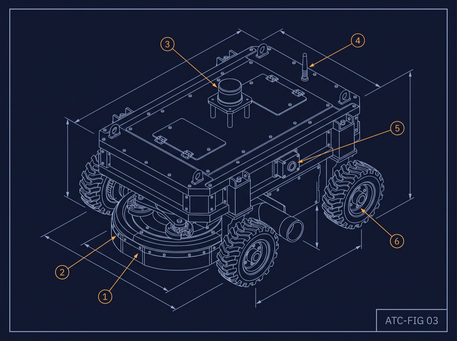 Engineering drawing of an autonomous floor grinding robot, with numbered callouts for its grinding head, dust shroud, lidar, antenna, calibration sensor, and drive wheel.